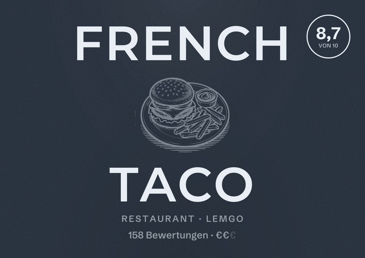 Illustriertes Poster von French Taco, Restaurant in Lemgo: Bewertung 8,7 von 10 aus 158 Bewertungen, Preisniveau €€