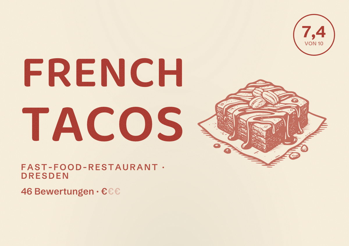 Illustriertes Poster von French Tacos, Fast-Food-Restaurant in Dresden: Bewertung 7,4 von 10 aus 46 Bewertungen, Preisniveau €