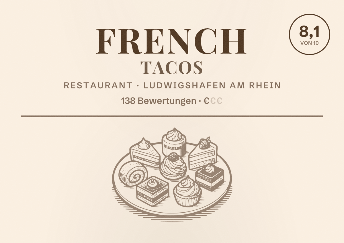 Illustriertes Poster von French Tacos, Restaurant in Ludwigshafen am Rhein: Bewertung 8,1 von 10 aus 138 Bewertungen, Preisniveau €