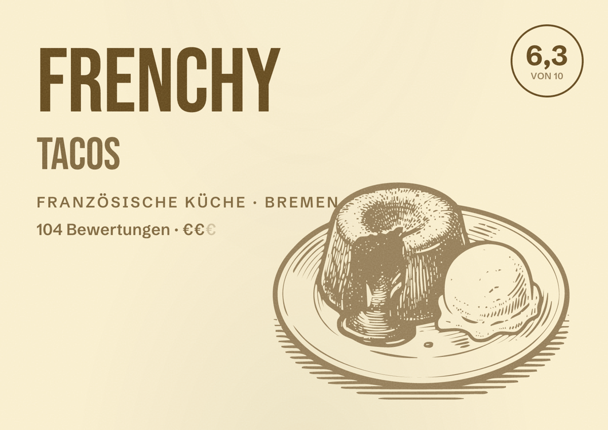 Illustriertes Poster von Frenchy Tacos, Französische Küche in Bremen: Bewertung 6,3 von 10 aus 104 Bewertungen, Preisniveau €€