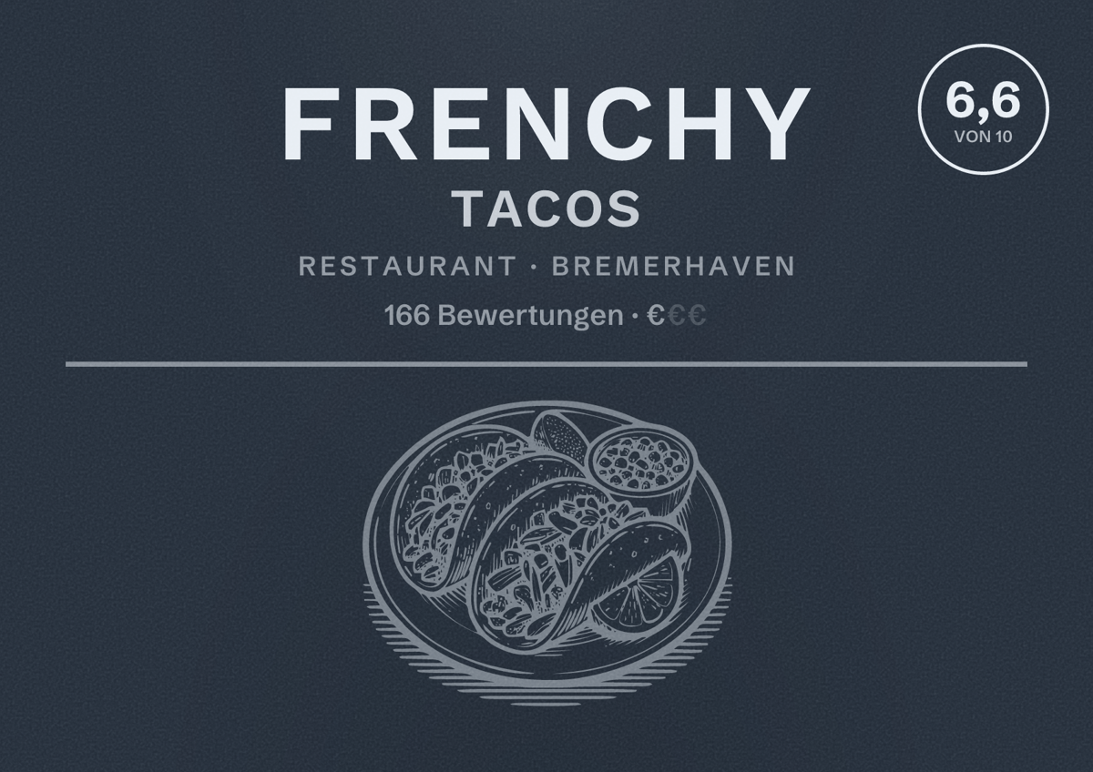 Illustriertes Poster von Frenchy Tacos, Restaurant in Bremerhaven: Bewertung 6,6 von 10 aus 166 Bewertungen, Preisniveau €
