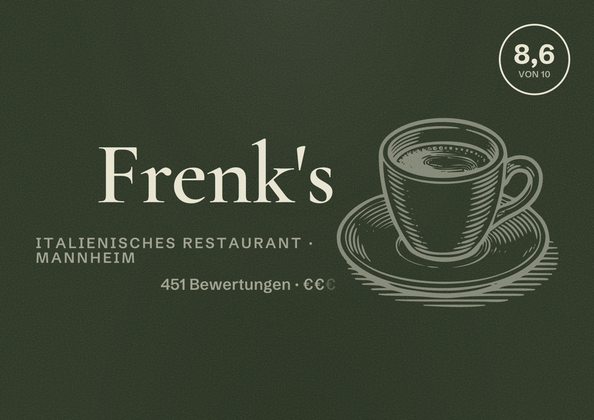 Illustriertes Poster von Frenk's, Italienisches Restaurant in Mannheim: Bewertung 8,6 von 10 aus 451 Bewertungen, Preisniveau €€