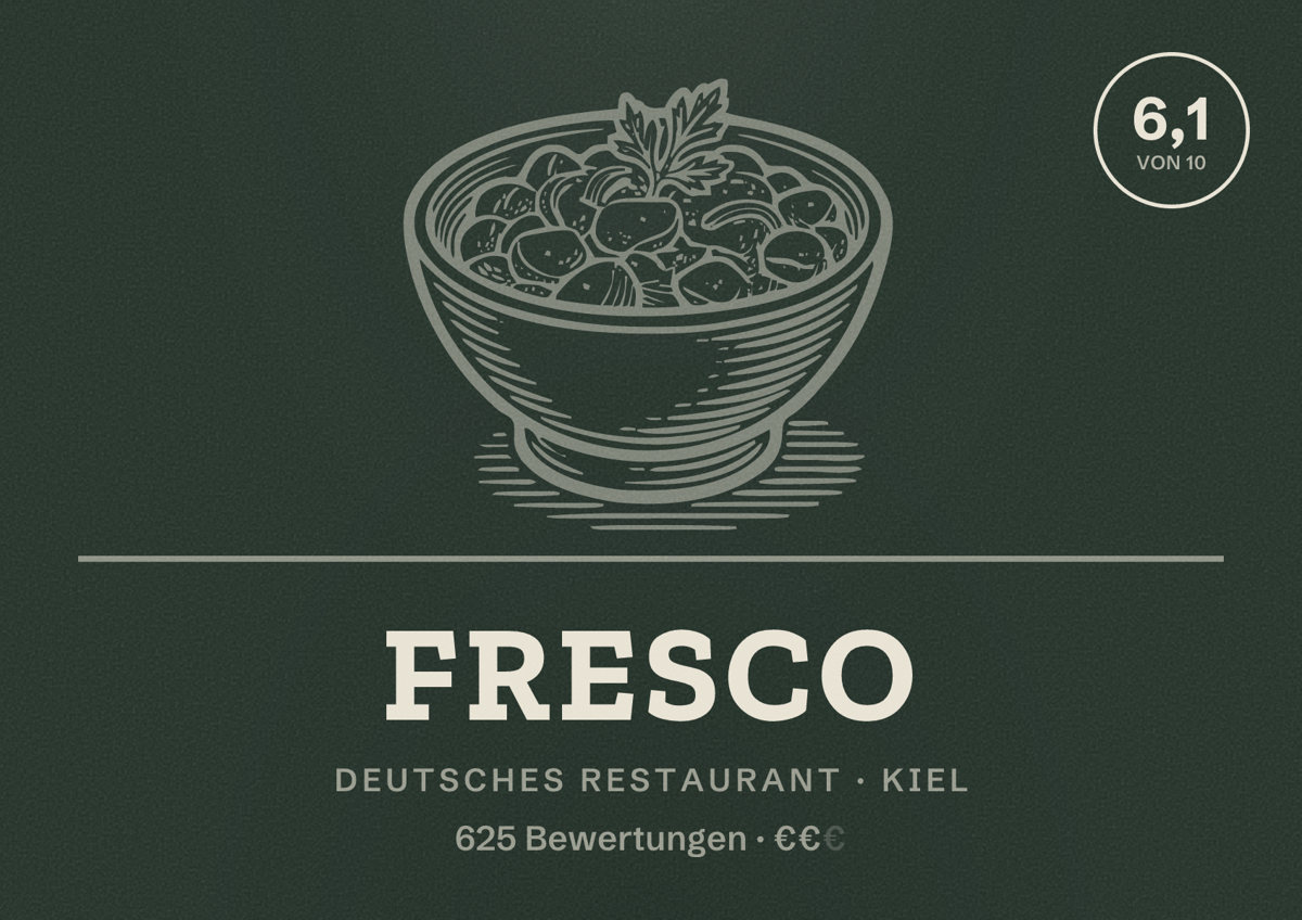 Illustriertes Poster von FRESCO, Deutsches Restaurant in Kiel: Bewertung 6,1 von 10 aus 625 Bewertungen, Preisniveau €€