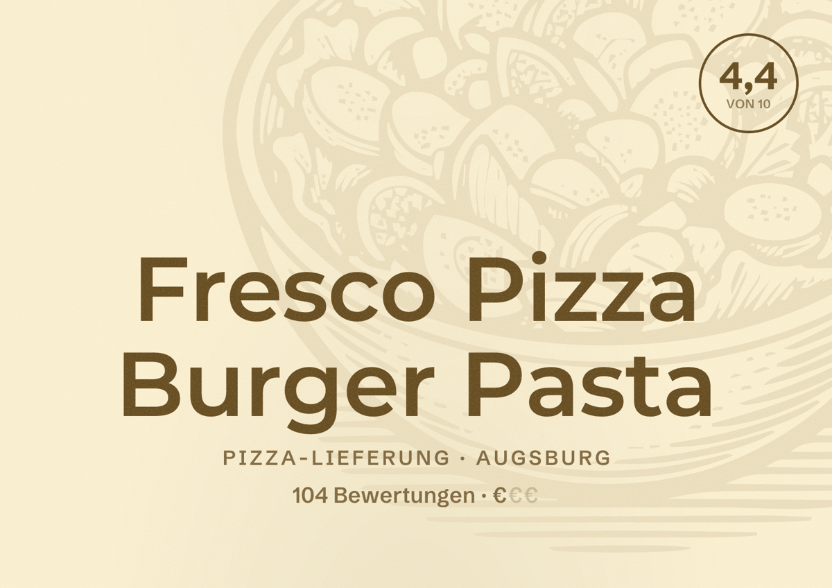 Illustriertes Poster von Fresco Pizza Burger Pasta, Pizza-Lieferung in Augsburg: Bewertung 4,4 von 10 aus 104 Bewertungen, Preisniveau €