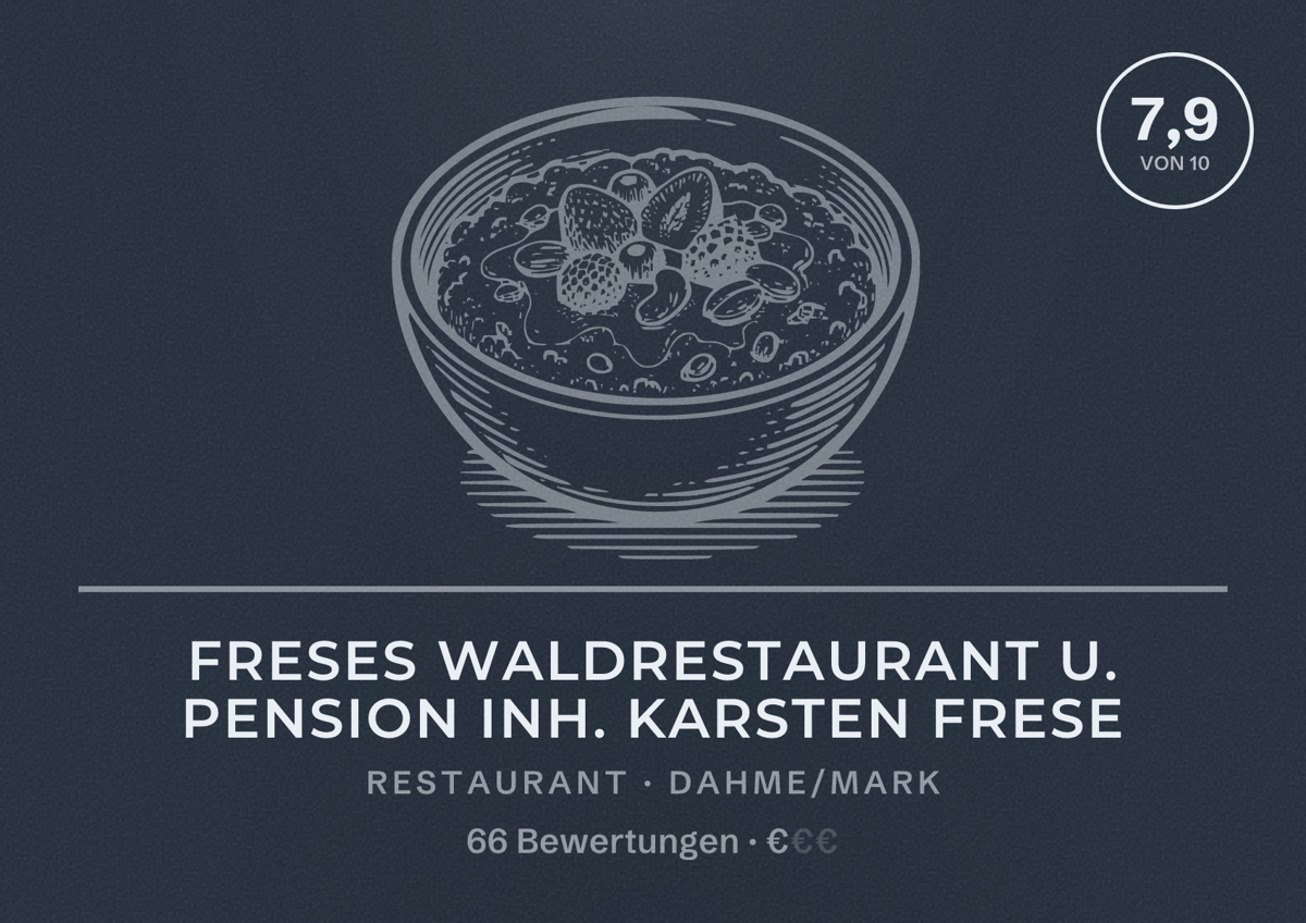 Illustriertes Poster von Freses Waldrestaurant u. Pension Inh. Karsten Frese, Restaurant in Dahme/Mark: Bewertung 7,9 von 10 aus 66 Bewertungen, Preisniveau €