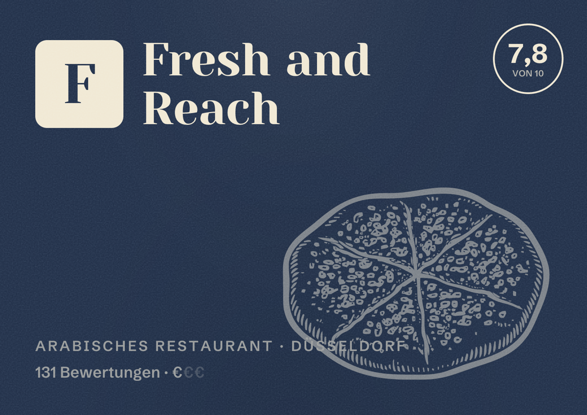 Illustriertes Poster von Fresh and Reach, Arabisches Restaurant in Düsseldorf: Bewertung 7,8 von 10 aus 131 Bewertungen, Preisniveau €
