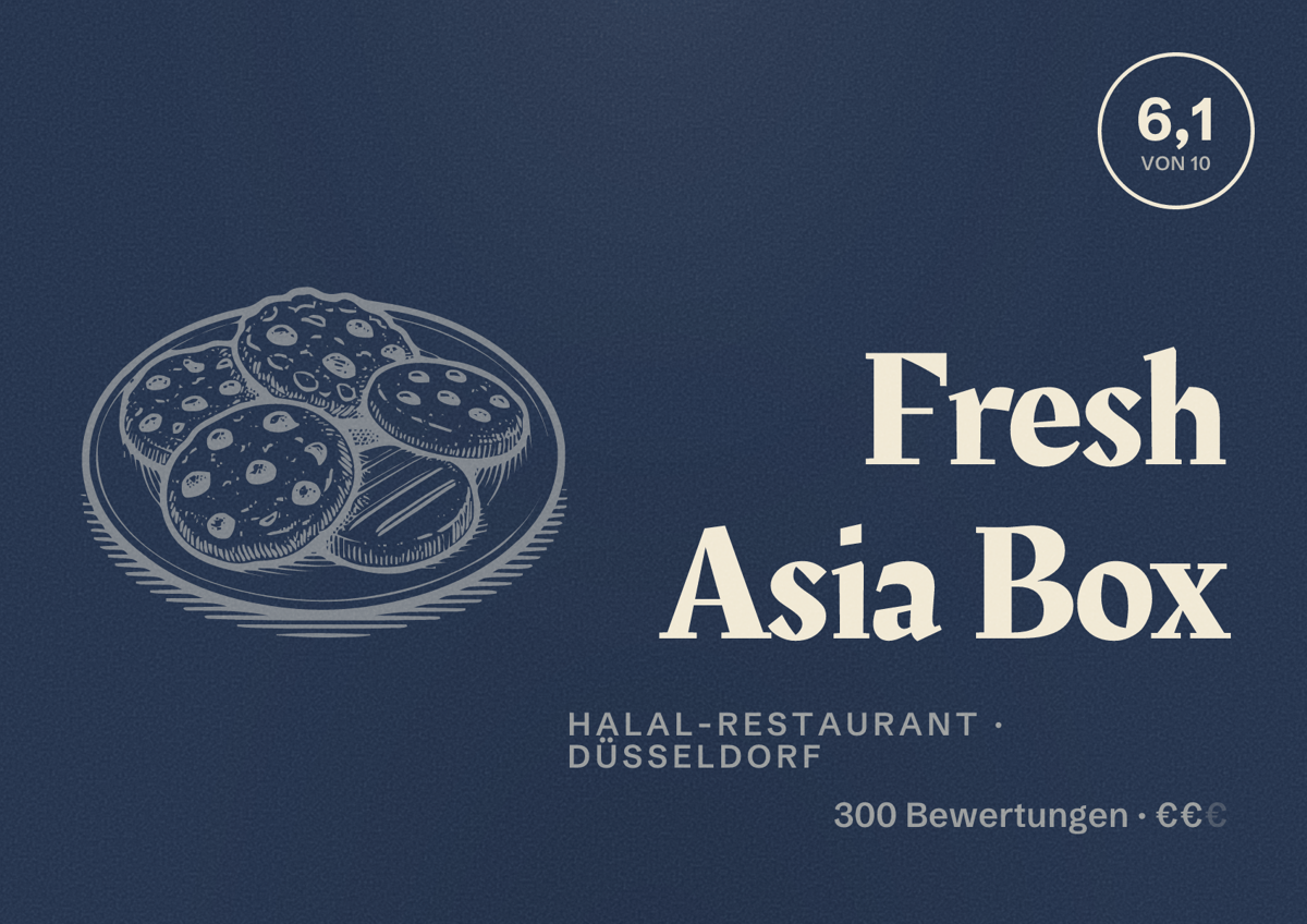 Illustriertes Poster von Fresh Asia Box, Halal-Restaurant in Düsseldorf: Bewertung 6,1 von 10 aus 300 Bewertungen, Preisniveau €€