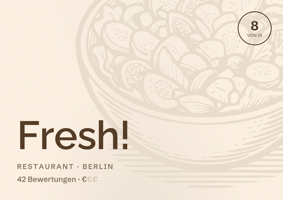 Illustriertes Poster von Fresh!, Restaurant in Berlin: Bewertung 8,0 von 10 aus 42 Bewertungen, Preisniveau €