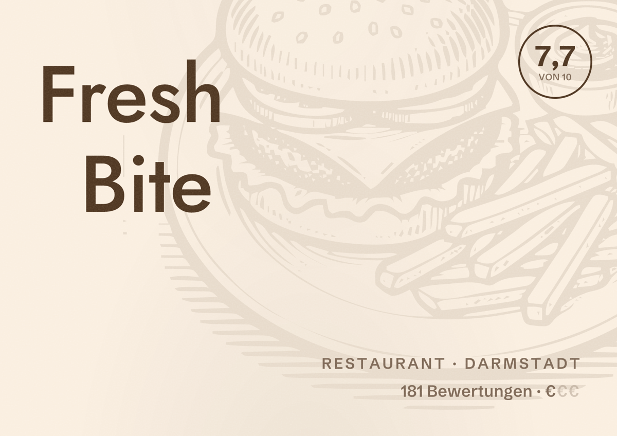 Illustriertes Poster von Fresh Bite, Restaurant in Darmstadt: Bewertung 7,7 von 10 aus 181 Bewertungen, Preisniveau €