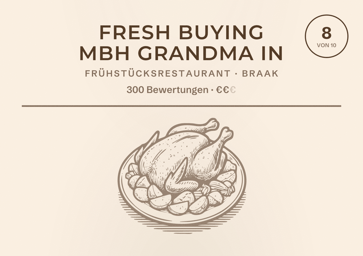 Illustriertes Poster von Fresh buying mbH grandma in, Frühstücksrestaurant in Braak: Bewertung 8 von 10 aus 300 Bewertungen, Preisniveau €€
