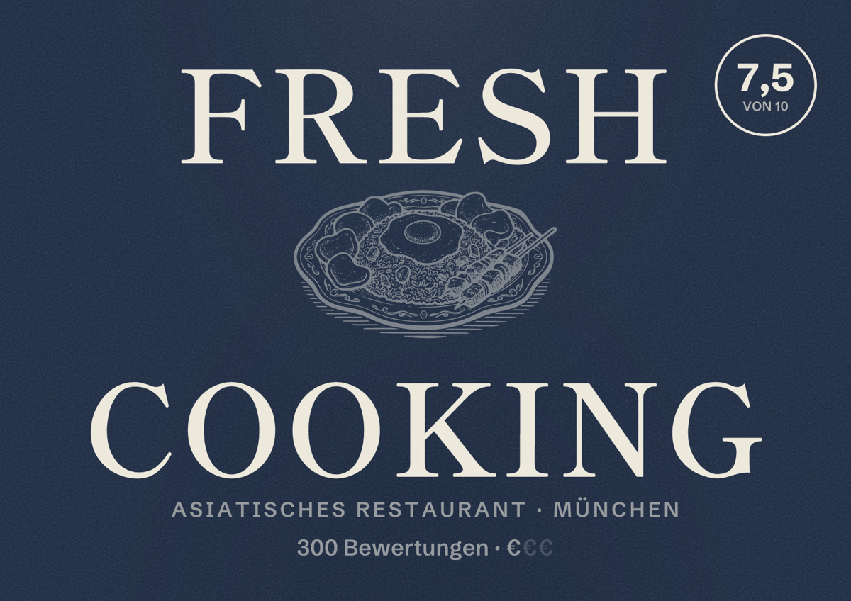 Illustriertes Poster von Fresh Cooking, Asiatisches Restaurant in München: Bewertung 7,5 von 10 aus 300 Bewertungen, Preisniveau €