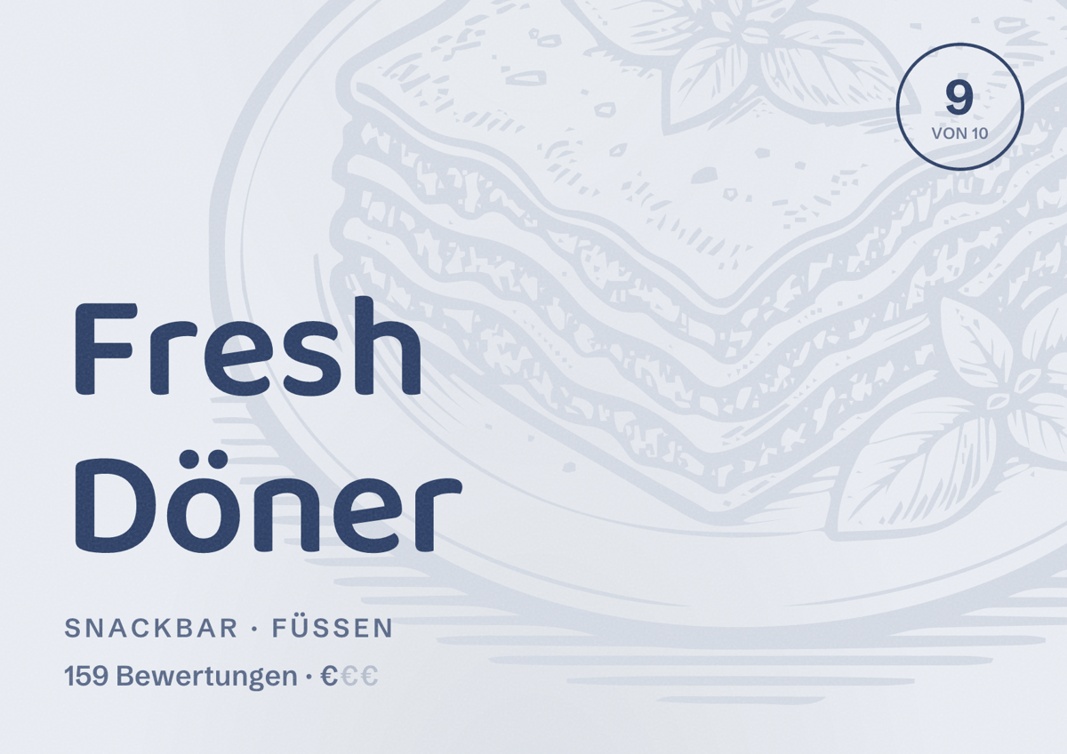 Illustriertes Poster von Fresh Döner, Snackbar in Füssen: Bewertung 9 von 10 aus 159 Bewertungen, Preisniveau €