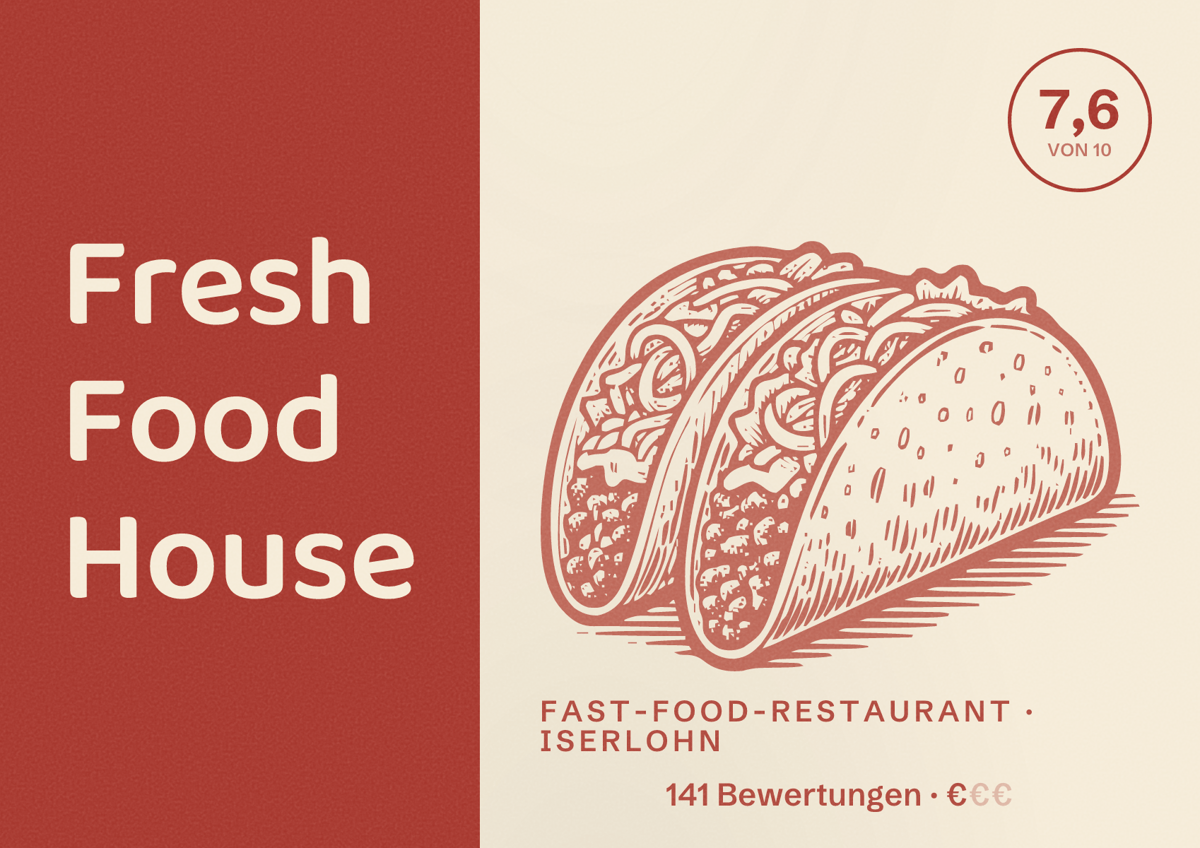 Illustriertes Poster von Fresh Food House, Fast-Food-Restaurant in Iserlohn: Bewertung 7,6 von 10 aus 141 Bewertungen, Preisniveau €