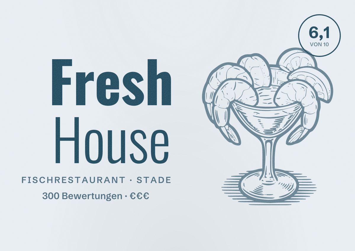 Illustriertes Poster von Fresh House, Fischrestaurant in Stade: Bewertung 6,1 von 10 aus 300 Bewertungen, Preisniveau €€€