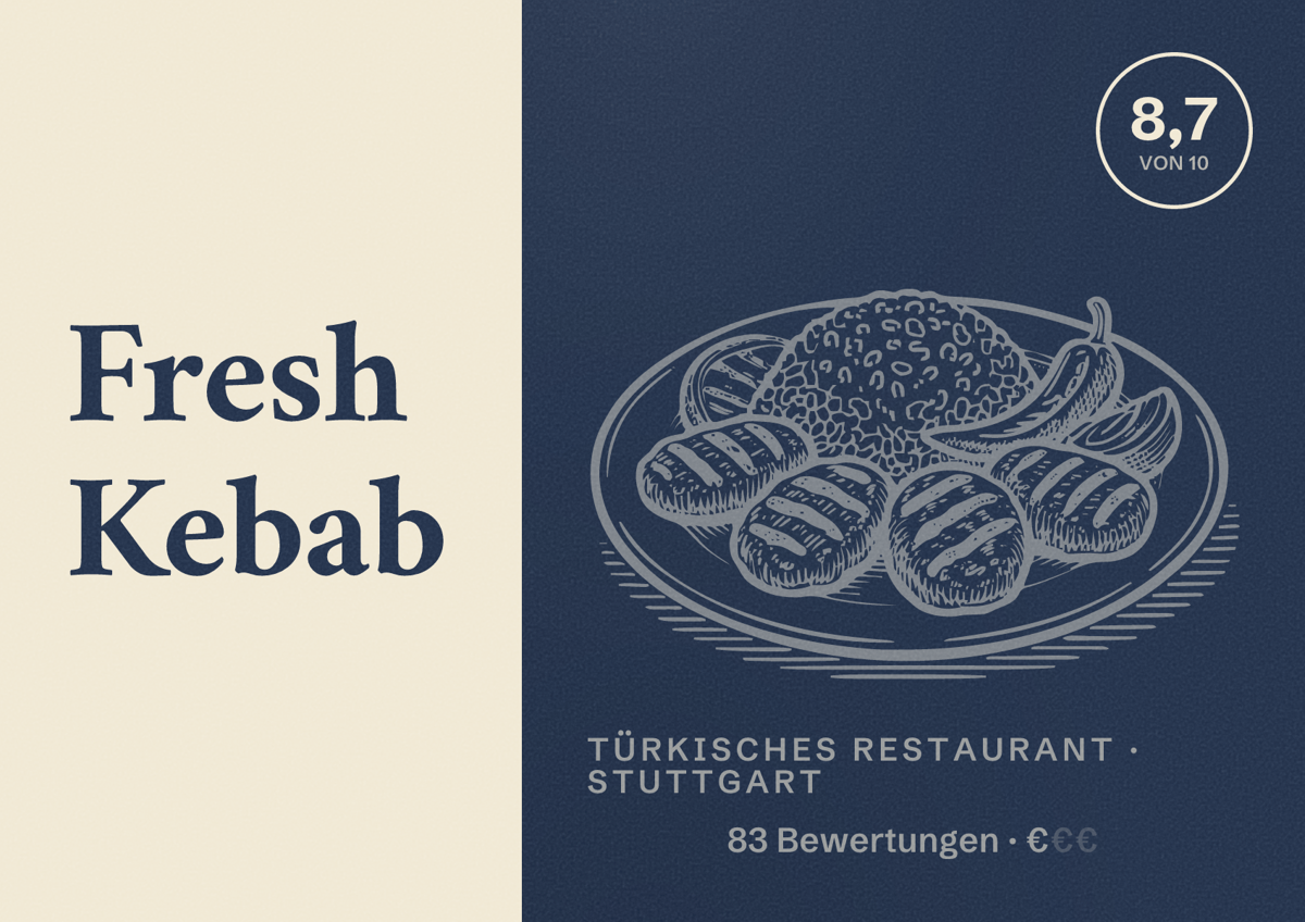 Illustriertes Poster von Fresh Kebab, Türkisches Restaurant in Stuttgart: Bewertung 8,7 von 10 aus 83 Bewertungen, Preisniveau €