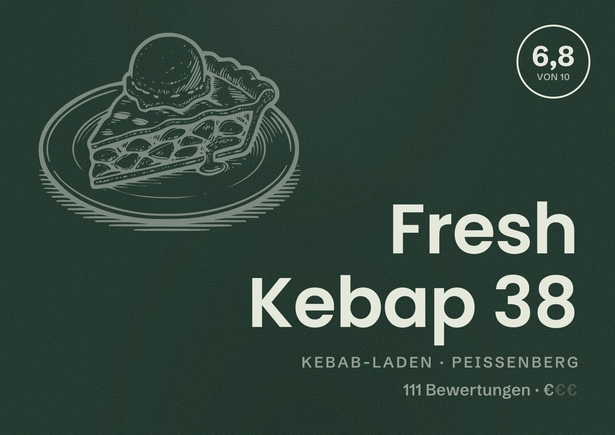 Illustriertes Poster von Fresh Kebap 38, Kebab-Laden in Peißenberg: Bewertung 6,8 von 10 aus 111 Bewertungen, Preisniveau €