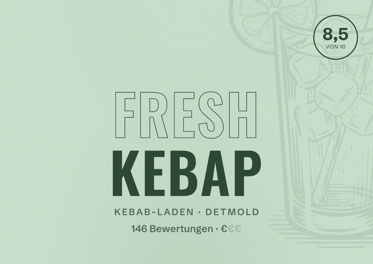 Illustriertes Poster von Fresh Kebap, Kebab-Laden in Detmold: Bewertung 8,5 von 10 aus 146 Bewertungen, Preisniveau €