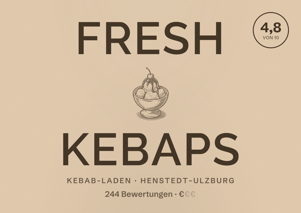 Illustriertes Poster von Fresh Kebaps, Kebab-Laden in Henstedt-Ulzburg: Bewertung 4,8 von 10 aus 244 Bewertungen, Preisniveau €
