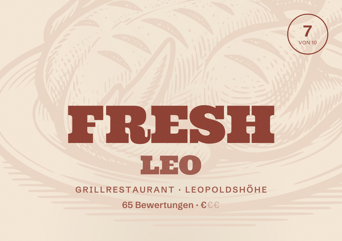Illustriertes Poster von FRESH LEO, Grillrestaurant in Leopoldshöhe: Bewertung 7 von 10 aus 65 Bewertungen, Preisniveau €