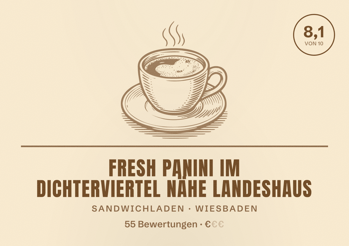 Illustriertes Poster von Fresh Panini im Dichterviertel Nähe Landeshaus, Sandwichladen in Wiesbaden: Bewertung 8,1 von 10 aus 55 Bewertungen, Preisniveau €