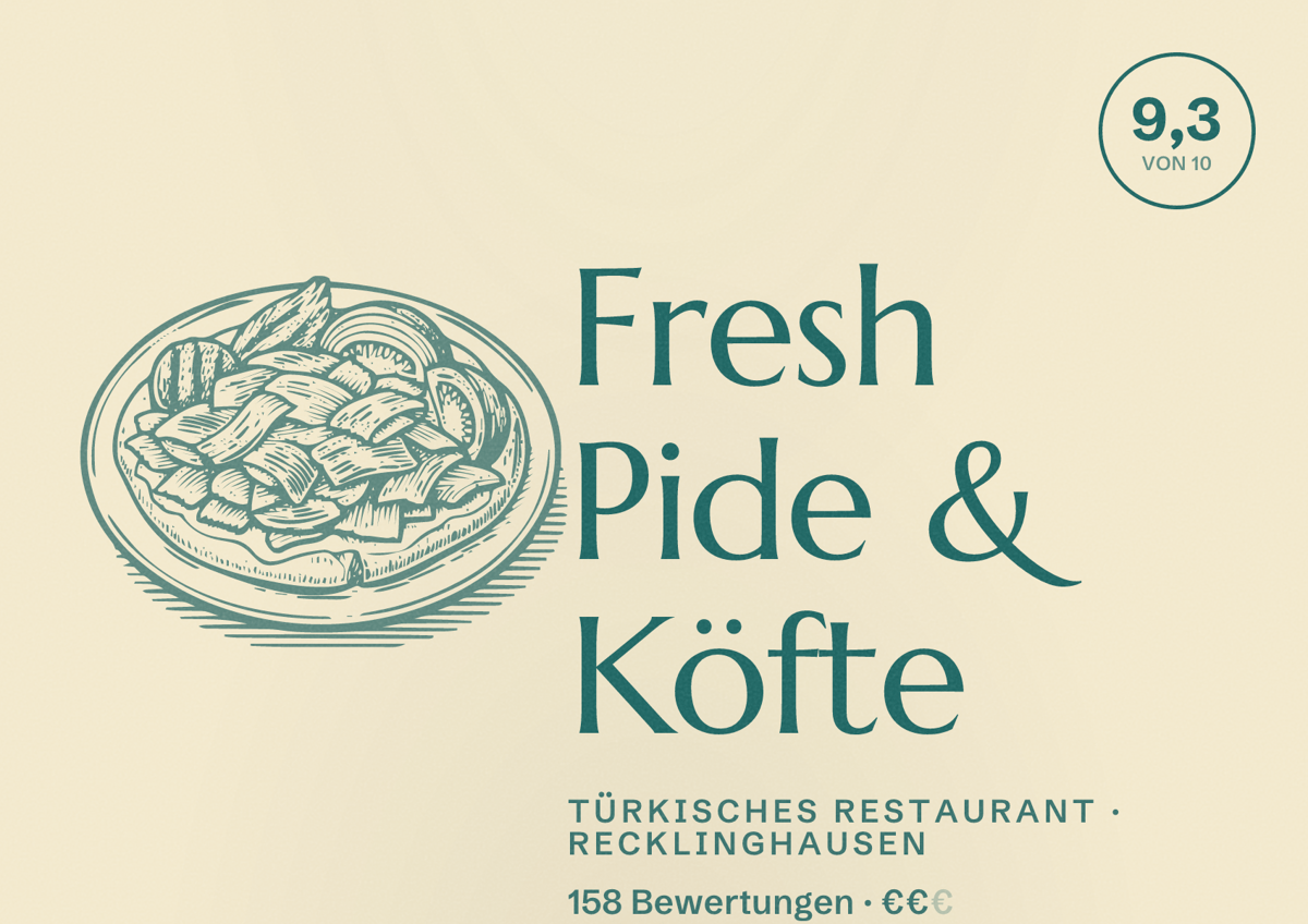 Illustriertes Poster von Fresh Pide & Köfte, Türkisches Restaurant in Recklinghausen: Bewertung 9,3 von 10 aus 158 Bewertungen, Preisniveau €€