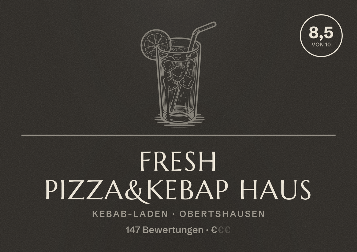 Illustriertes Poster von Fresh pizza&kebap haus, Kebab-Laden in Obertshausen: Bewertung 8,5 von 10 aus 147 Bewertungen, Preisniveau €