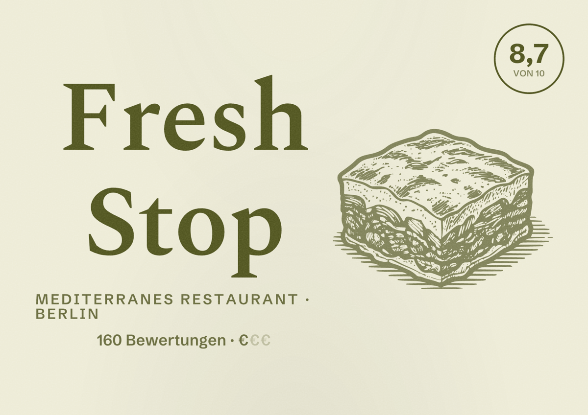Illustriertes Poster von Fresh Stop, Mediterranes Restaurant in Berlin: Bewertung 8,7 von 10 aus 160 Bewertungen, Preisniveau €