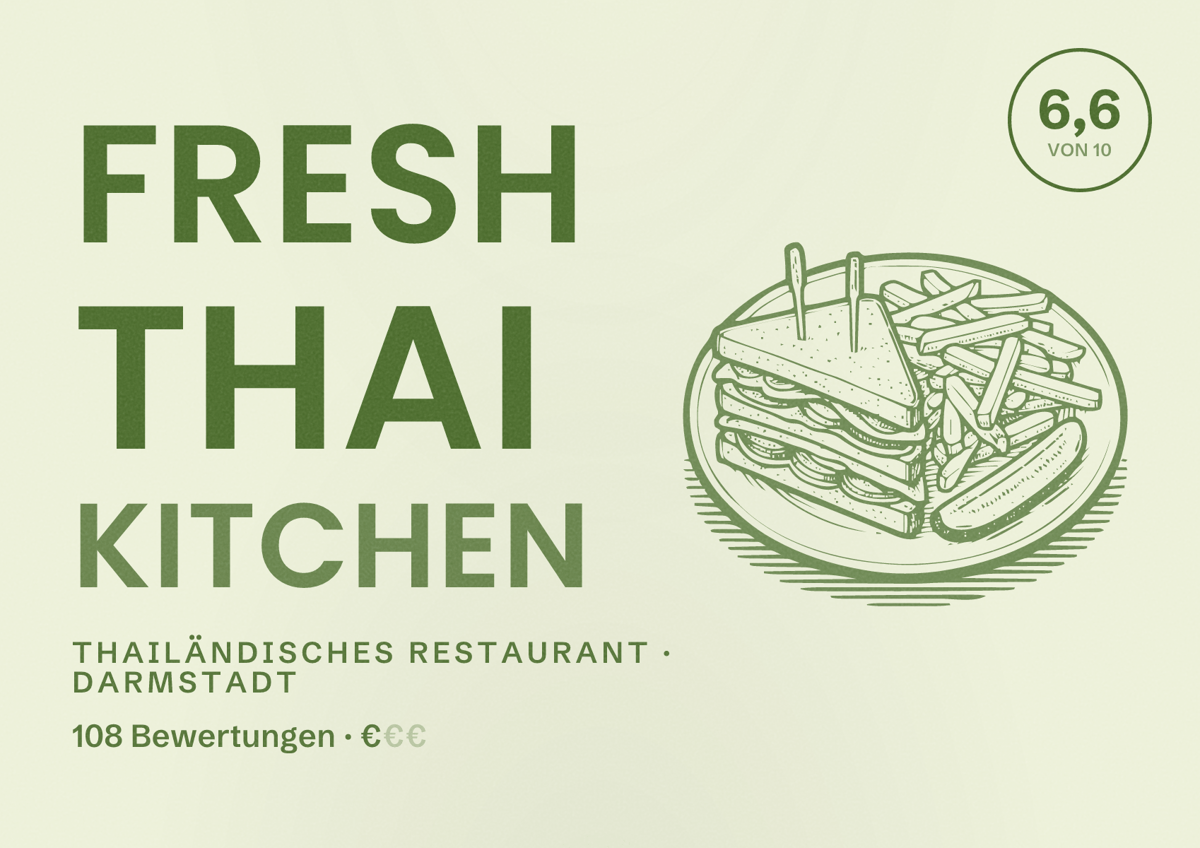 Illustriertes Poster von Fresh Thai Kitchen, Thailändisches Restaurant in Darmstadt: Bewertung 6,6 von 10 aus 108 Bewertungen, Preisniveau €