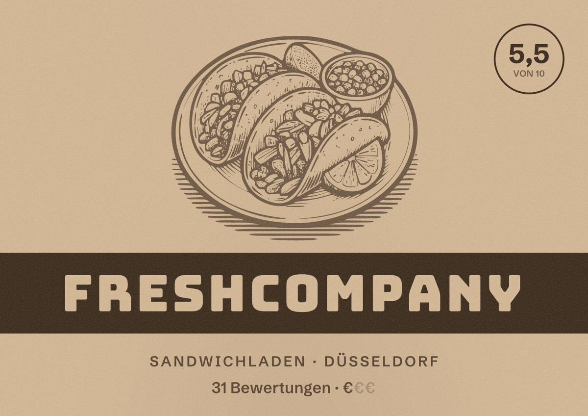 Illustriertes Poster von freshcompany, Sandwichladen in Düsseldorf: Bewertung 5,5 von 10 aus 31 Bewertungen, Preisniveau €