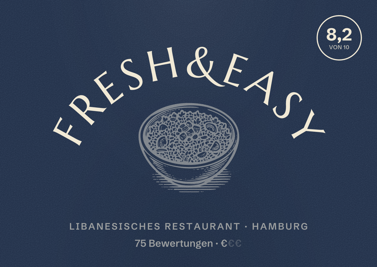 Illustriertes Poster von Fresh&Easy, Libanesisches Restaurant in Hamburg: Bewertung 8,2 von 10 aus 75 Bewertungen, Preisniveau €