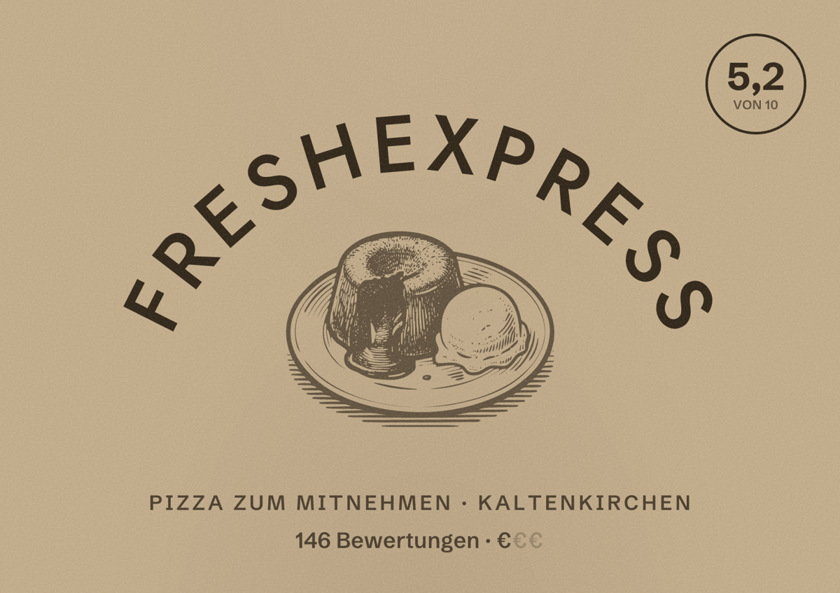 Illustriertes Poster von FresheXpress, Pizza zum Mitnehmen in Kaltenkirchen: Bewertung 5,2 von 10 aus 146 Bewertungen, Preisniveau €