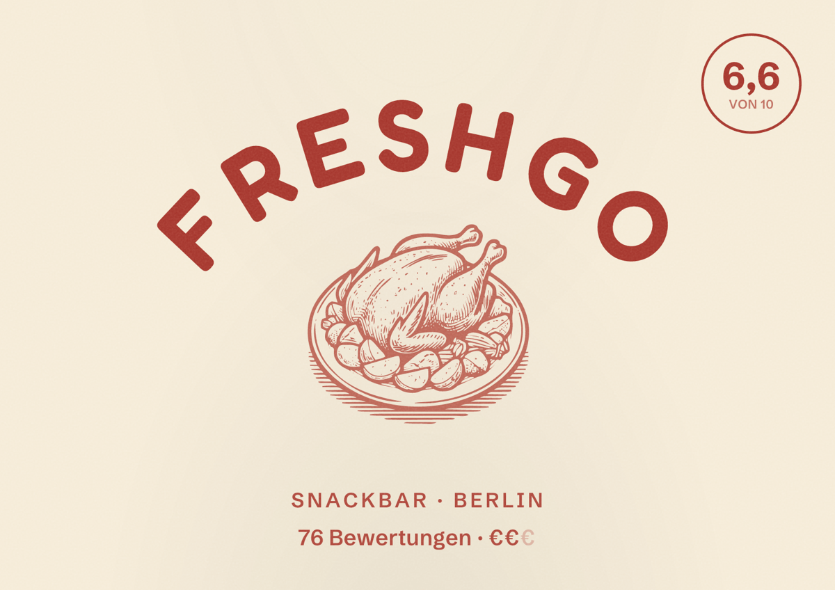Illustriertes Poster von FreshGo, Snackbar in Berlin: Bewertung 6,6 von 10 aus 76 Bewertungen, Preisniveau €€