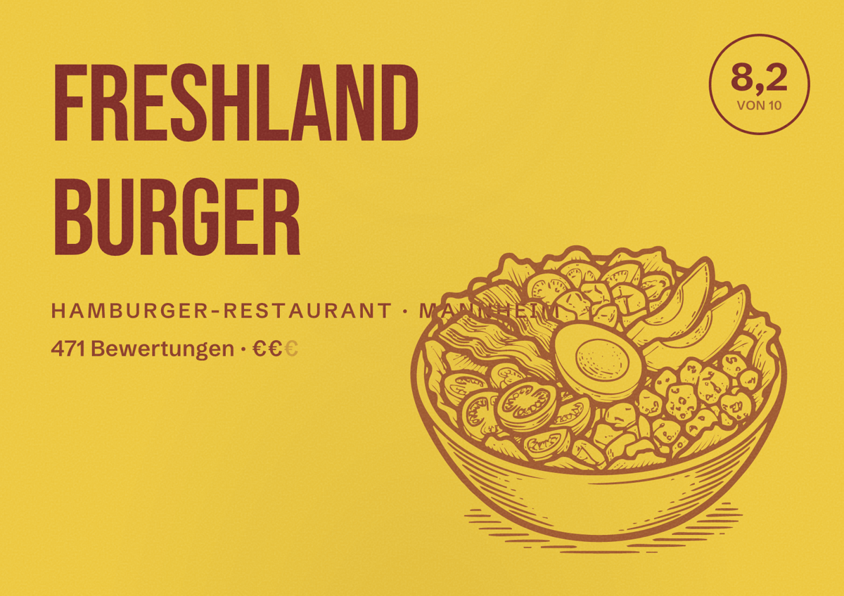 Illustriertes Poster von Freshland Burger, Hamburger-Restaurant in Mannheim: Bewertung 8,2 von 10 aus 471 Bewertungen, Preisniveau €€