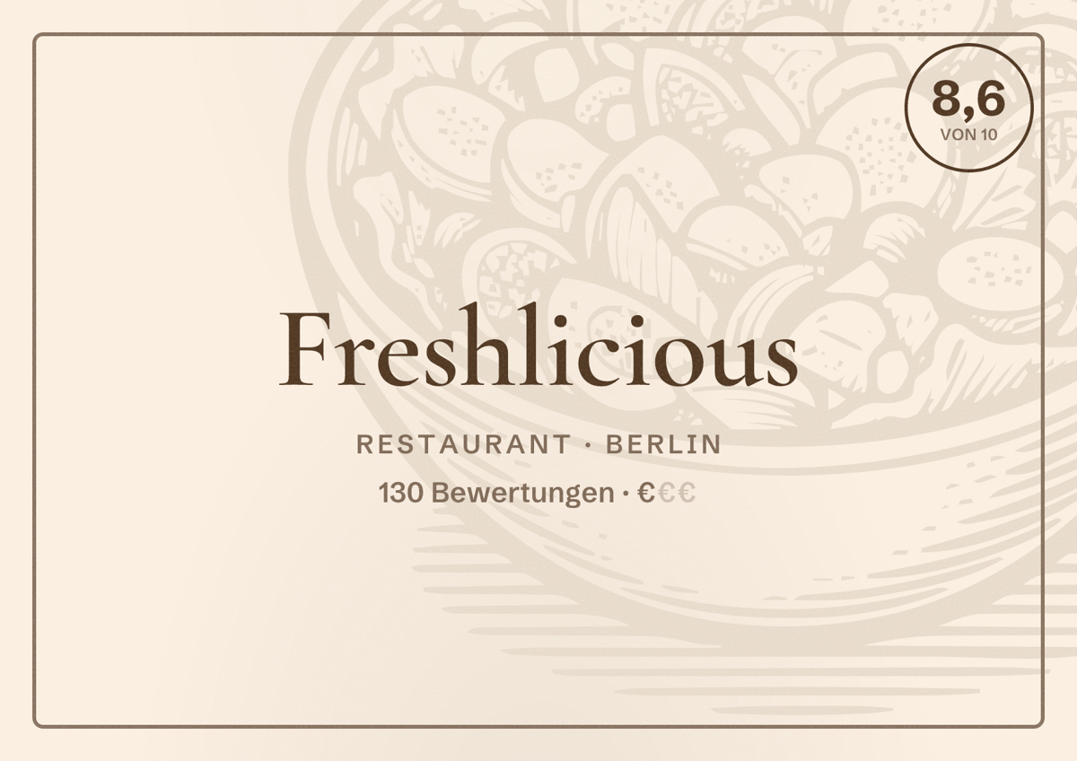 Illustriertes Poster von Freshlicious, Restaurant in Berlin: Bewertung 8,6 von 10 aus 130 Bewertungen, Preisniveau €