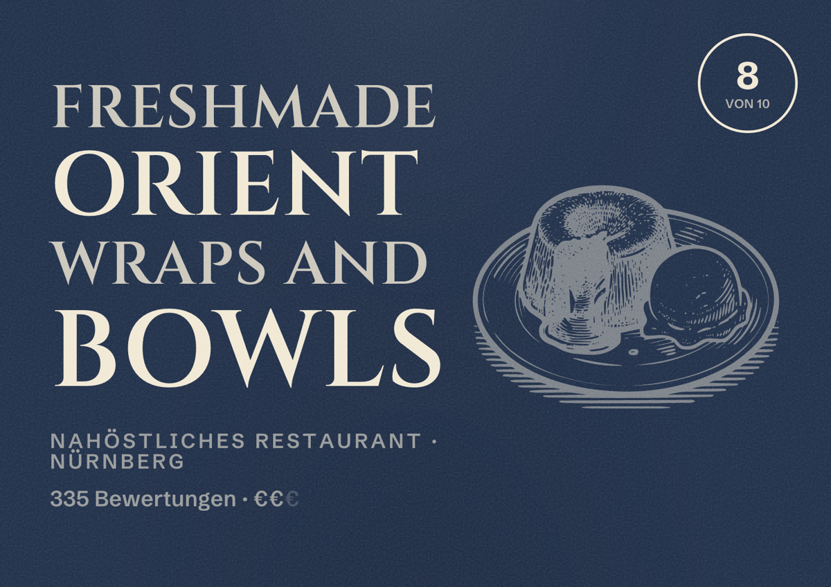 Illustriertes Poster von freshmade orient wraps and bowls, Nahöstliches Restaurant in Nürnberg: Bewertung 8,0 von 10 aus 335 Bewertungen, Preisniveau €€