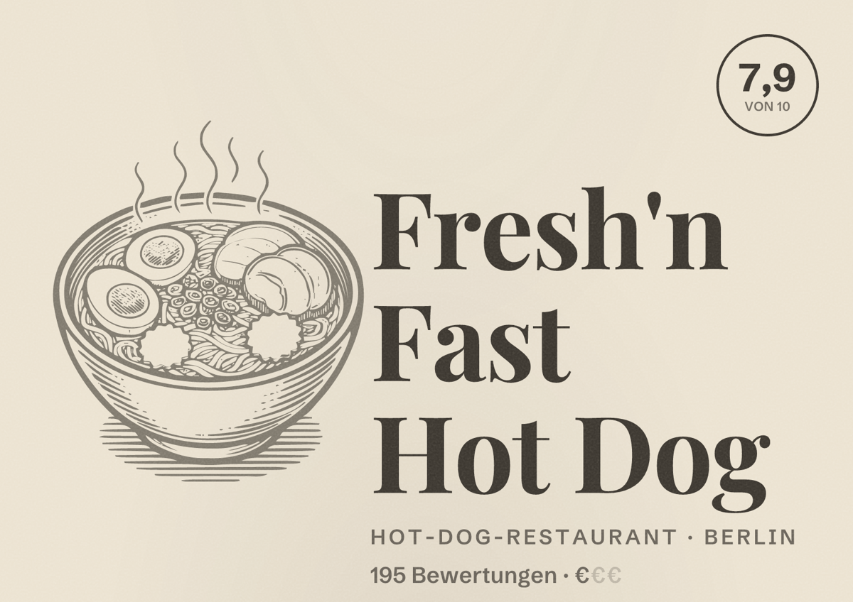 Illustriertes Poster von Fresh'n Fast Hot Dog, Hot-Dog-Restaurant in Berlin: Bewertung 7,9 von 10 aus 195 Bewertungen, Preisniveau €