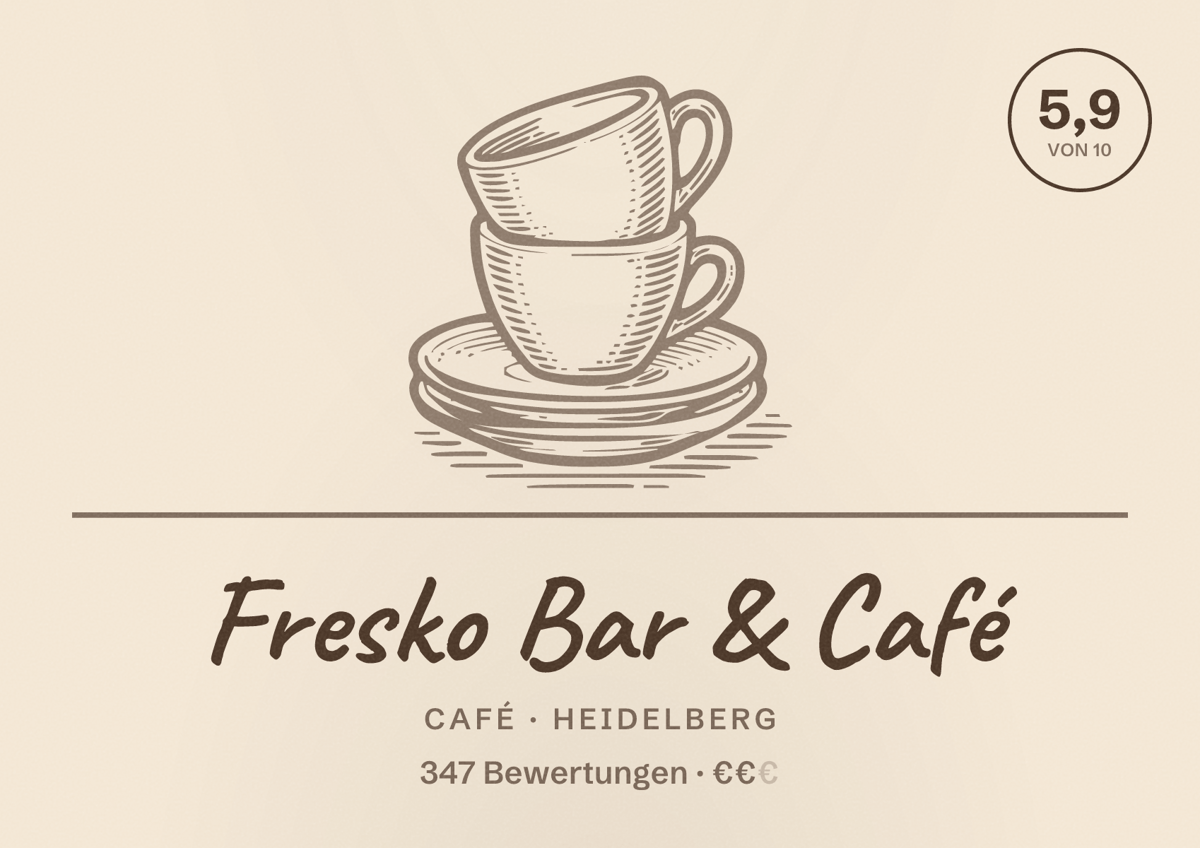 Illustriertes Poster von Fresko Bar & Café, Café in Heidelberg: Bewertung 5,9 von 10 aus 347 Bewertungen, Preisniveau €€