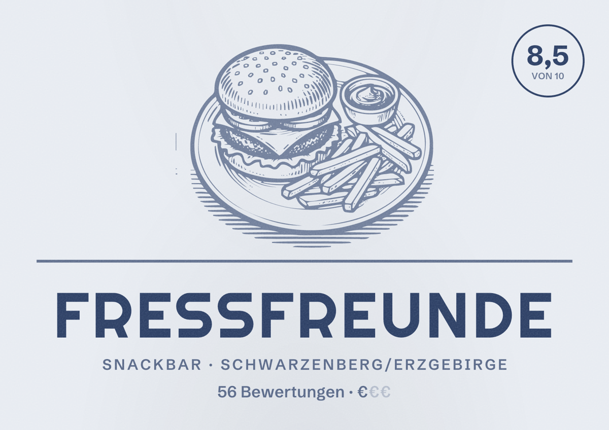 Illustriertes Poster von FressFreunde, Snackbar in Schwarzenberg/Erzgebirge: Bewertung 8,5 von 10 aus 56 Bewertungen, Preisniveau €