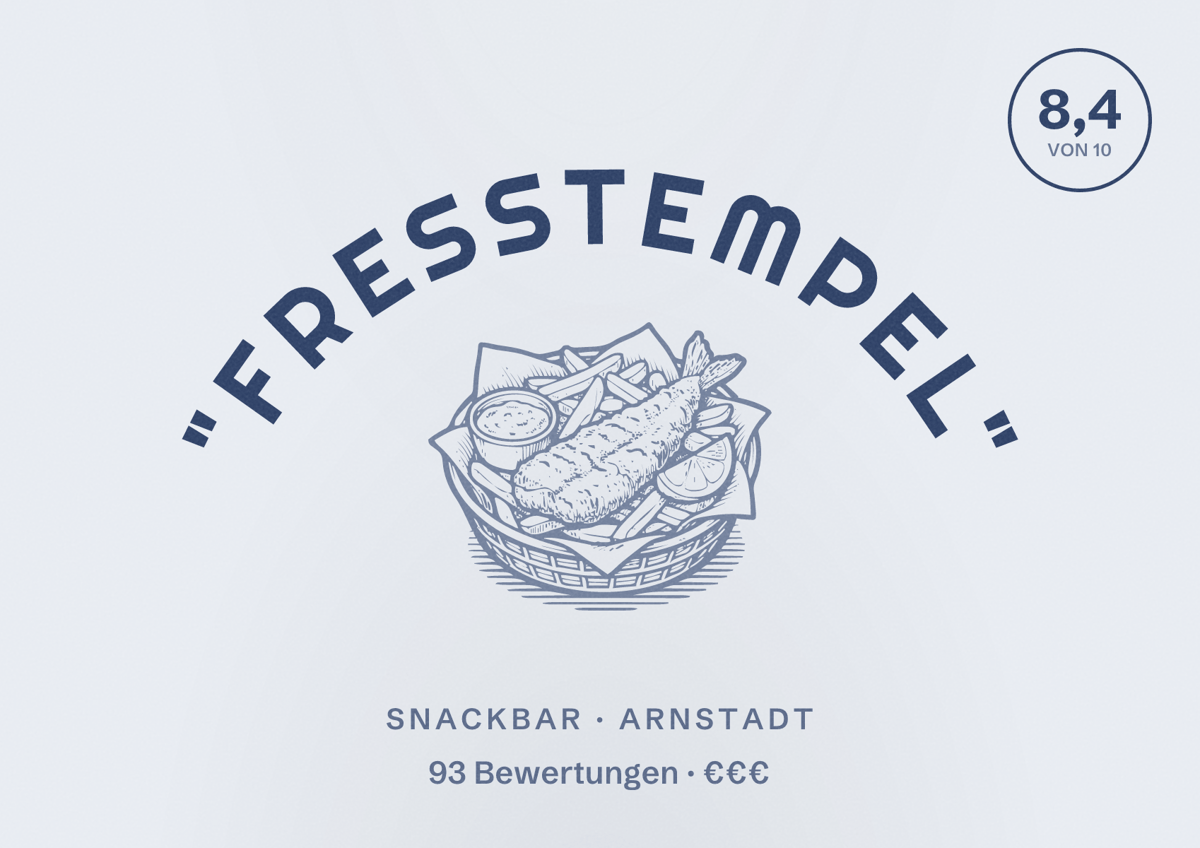 Illustriertes Poster von "Fresstempel", Snackbar in Arnstadt: Bewertung 8,4 von 10 aus 93 Bewertungen, Preisniveau €€€