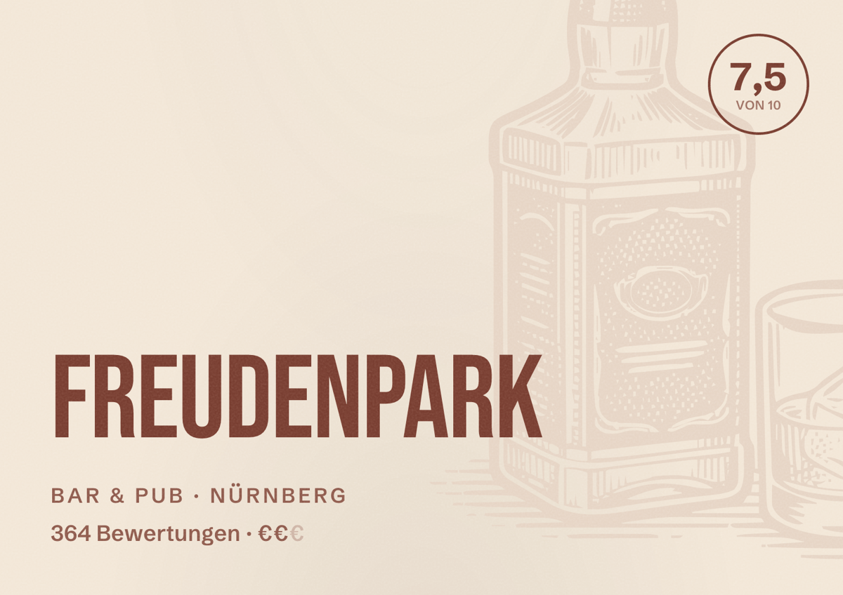Illustriertes Poster von Freudenpark, Bar & Pub in Nürnberg: Bewertung 7,5 von 10 aus 364 Bewertungen, Preisniveau €€
