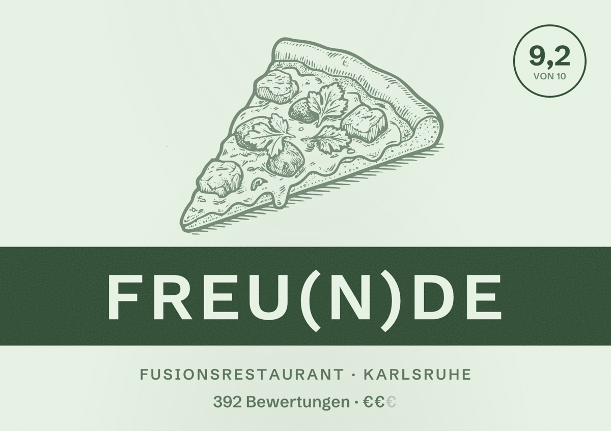 Illustriertes Poster von FREU(N)DE, Fusionsrestaurant in Karlsruhe: Bewertung 9,2 von 10 aus 392 Bewertungen, Preisniveau €€