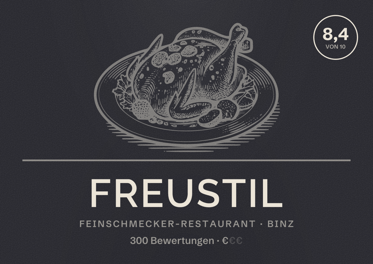 Illustriertes Poster von freustil, Feinschmecker-Restaurant in Binz: Bewertung 8,4 von 10 aus 300 Bewertungen, Preisniveau €