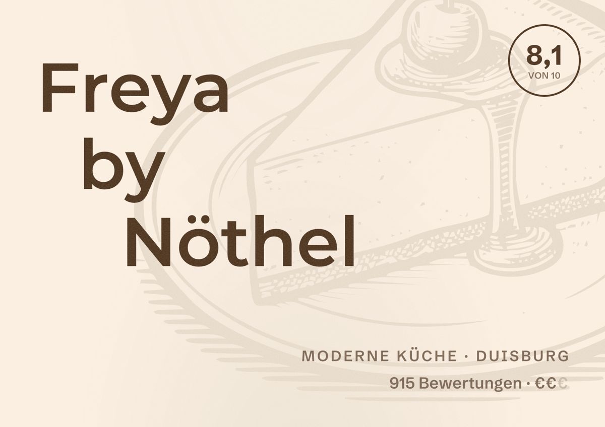 Illustriertes Poster von Freya by Nöthel, Moderne Küche in Duisburg: Gästebewertung 8,1 von 10 aus 915 Bewertungen