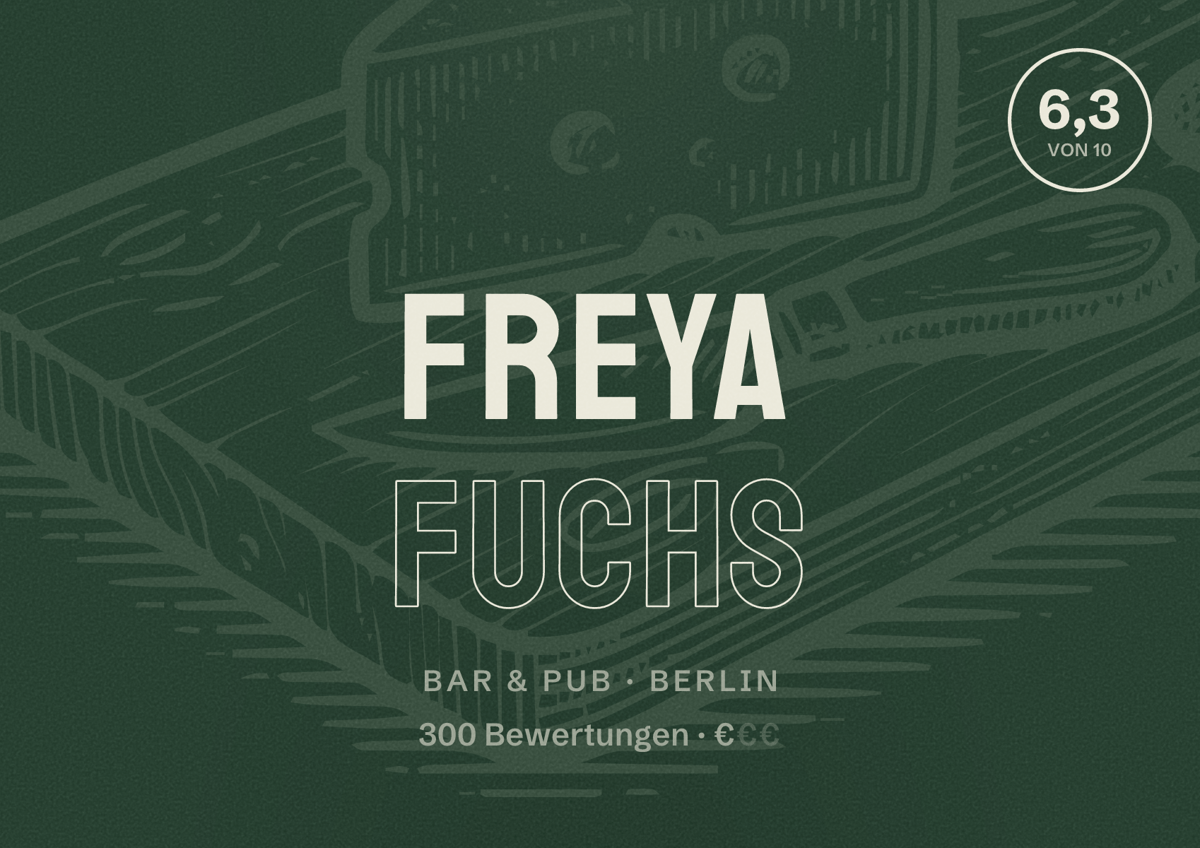 Illustriertes Poster von Freya Fuchs, Bar & Pub in Berlin: Bewertung 6,3 von 10 aus 300 Bewertungen, Preisniveau €