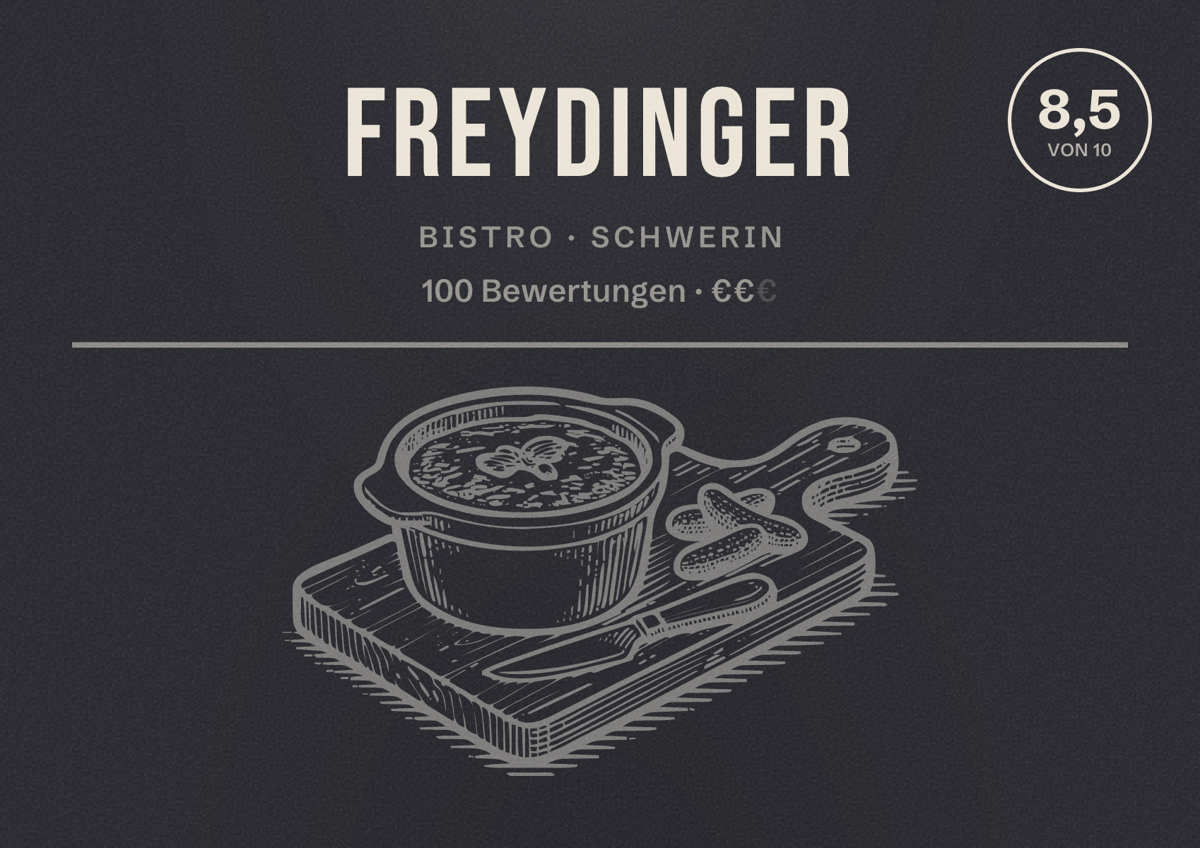 Illustriertes Poster von Freydinger, Bistro in Schwerin: Bewertung 8,5 von 10 aus 100 Bewertungen, Preisniveau €€