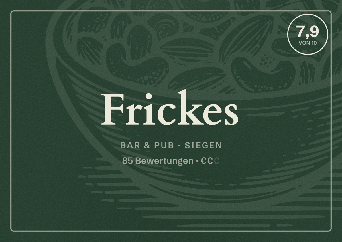Illustriertes Poster von Frickes, Bar & Pub in Siegen: Bewertung 7,9 von 10 aus 85 Bewertungen, Preisniveau €€