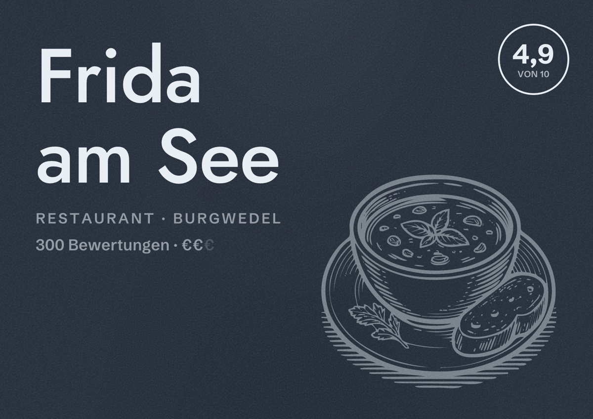 Illustriertes Poster von Frida am See, Restaurant in Burgwedel: Bewertung 4,9 von 10 aus 300 Bewertungen, Preisniveau €€