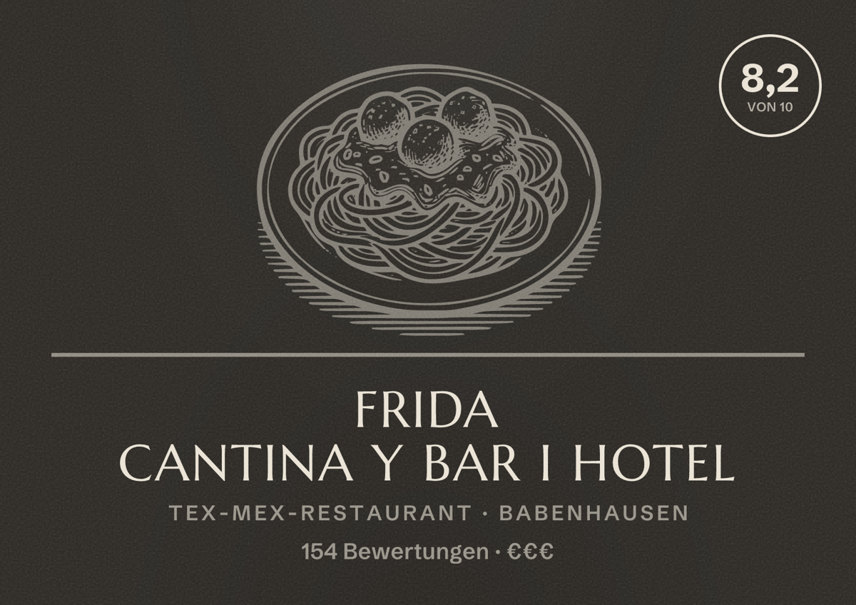 Illustriertes Poster von Frida Cantina Y Bar I Hotel, Tex-Mex-Restaurant in Babenhausen: Bewertung 8,2 von 10 aus 154 Bewertungen, Preisniveau €€€