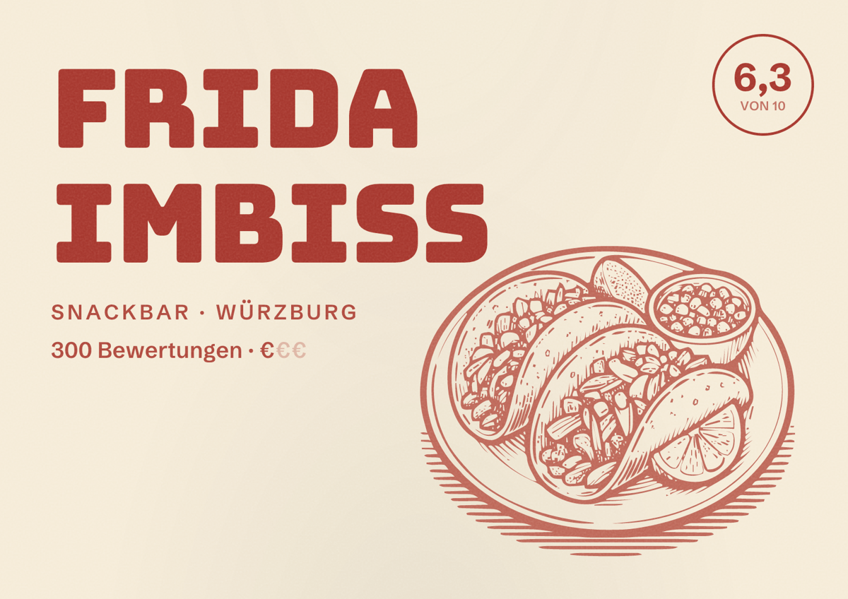 Illustriertes Poster von Frida Imbiss, Snackbar in Würzburg: Bewertung 6,3 von 10 aus 300 Bewertungen, Preisniveau €