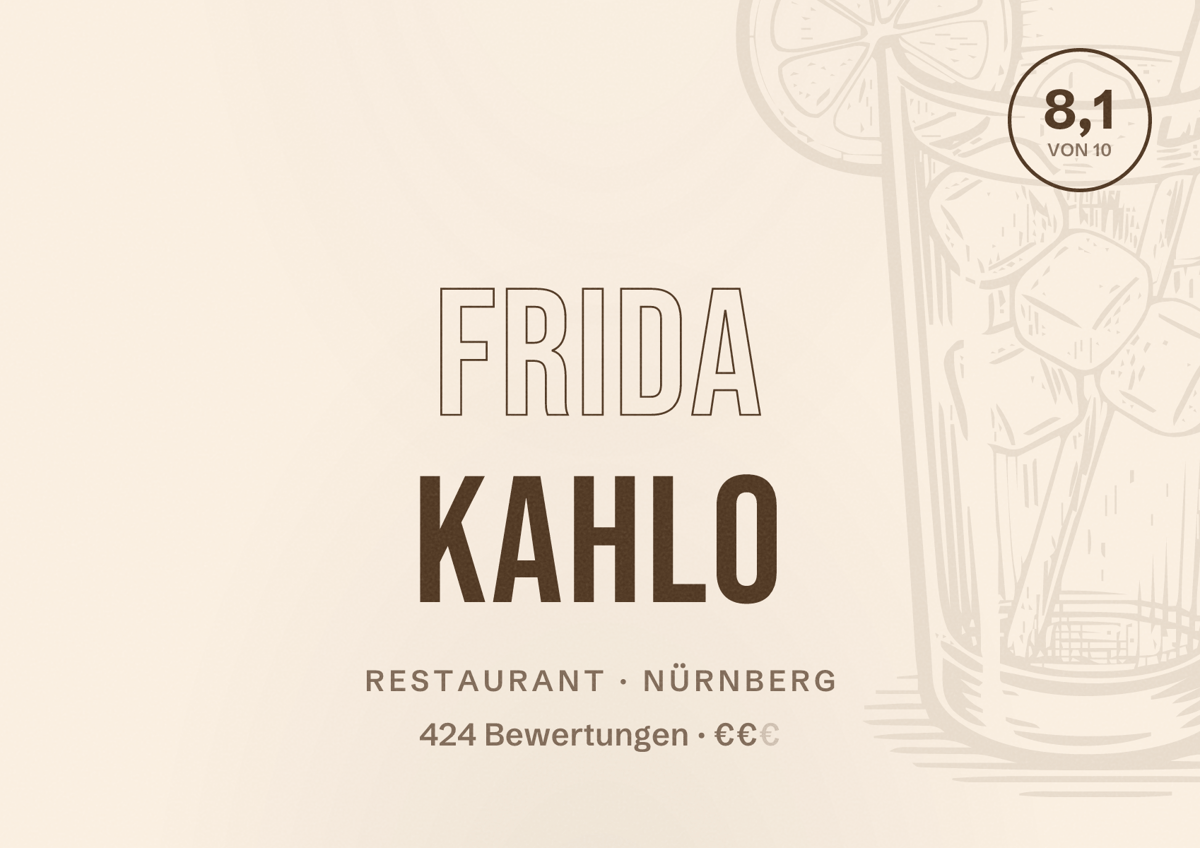 Illustriertes Poster von frida kahlo, Restaurant in Nürnberg: Bewertung 8,1 von 10 aus 424 Bewertungen, Preisniveau €€